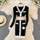 Women Knitted Sheath Dress Autumn Winter Office Color Contract Bodycon Dress Elegant V-neck Work Wear Sweater