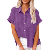 Summer New Women's Solid Color Linen Shirt Short Sleeve Casual Loose