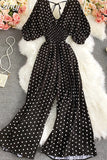 Sexy Polka Dot Romper Women Elegant V-Neck Puff Short Sleeve High Waist Jumpsuit Female Loose Wide Leg Playsuits