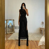 Loose 2022 Summer Backless Split Long Maxi Evening Party Dresses Women Sexy Off Shoulder Halter Vest Robe Black
