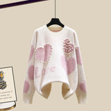 Lazy Sweater Two Piece set Women Sweet Heart-shaped beaded Pullover Jumper Top + Irregular Striped Skirt Knit 2PCS