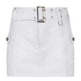Y2K Aesthetics Basic Belted Low Waist Micro Skirts 2000s Fashion Sexy Pockets White Denim Skirt Cute Bottoms