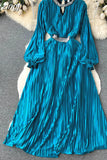 Autumn Women Satin Pleated Party Dress Vintage Diamonds Patchwork Hollow Out Lantern Sleeve Draped Elegant Robe
