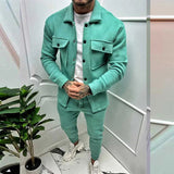 Solid Men 2-piece Set Fall Fashion Long Sleeve Lapel Single Breasted Coat And Long Work Pants Suit Men Pocket Sports