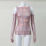 Mesh Letter Print Sleeveless Top With Gloves-Outfit