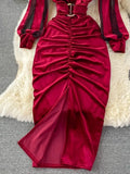 Winter Women Black/Red Draped Bodycon Midi Dress Vintage V-Neck Mesh Patchwork Long Sleeve High Waist Vestidos 2023