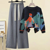 Winter 2 Piece Sets Womens Outfits Office Ladies Oversized Knitted Swerter And Wide Leg Pants Suits Knitting Two Piece