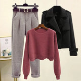 Winter Warm Clothes Three Piece Set Women Outfits Office Ladies Elegant Woolen Coats+knitted Sweater+wool Harem Pants