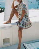 Queens Women Floral Print Short Sleeve Tie Neck Ruffles Tassel Beach Bohemian Dress Rayon Mini