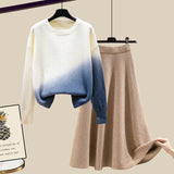 Women Autumn Winter Warm Knitted Two Pieces Sets Korean Long Sleeve Pullover Sweater Top And High Waist Knitting Skirts