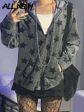 Y2K Grunge Punk Star Print Zip Up Oversized Velvet Hoodies E-girl Aesthetics Pockets Trim Long Sleeve Grey