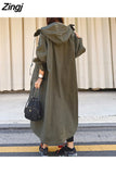 Spring Autumn Long ArmyGreen Oversized Waterproof Windbreaker Women Hood Zip Up Casual Loose Bf Varsity Raincoat