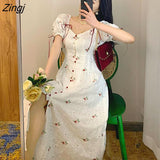 Sweet Fairy Dress Summer Floral Women Vintage Split Dress Kawaii Korean Style Casual Party Evening Elegant Dress 2021