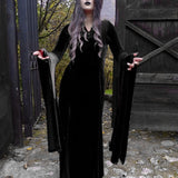 Halloween Cos Witch Sexy Forked Long Skirt Lace Hollowed-Out Horn Sleeve Dress