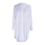 Queens Vintage Women Solid V-neck Long Sleeve Hollow Out Beach Mini Dress Ladies White Boho Dresses