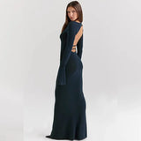 Blue Bodycon Long Sleeve Backless Maxi Dress- Outfit