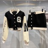 2022 Spring Embroidery Letter Slim Baseball Jacket Single Breasted Buttons Short Skirt Two Piece Matching Set