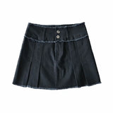 2000s Aesthetics Low Rise Distressed Hem Mini Skirts Cute Fashion Button Up A-line White Denim Pleated Skirt Autumn
