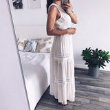 Queens Vintage Women Solid V-neck Sleeveless Hollow Out Beach Maxi Dress Ladies Chiffon Lace Patchwork Boho Sundress