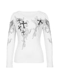 grunge rib top with cross motif and