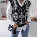 women knitted sweater vest pullover 2021 autumn new college style loose V-neck elegant fashion casual diamond vest