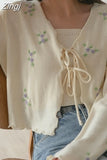 Cardigan V Neck Lace-up Korean Fashion Two Piece Sets Camis Solid Women Y2k Short Length Floral Mori Girl Style Crop