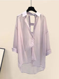Women Summer Purple 3 Pieces Set 2023 Fashion Short Vest+long Sleeve Backless Chiffon Sunscreen Blouse+wide Leg Long Pants