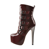 Onlymaker Women's Round Toe Wine Red Platform Side Zipper Thin Heel Thick Heel Short Boots Fashion Lady Booties Big