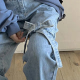 Streetwear Bow Jeans Women Sweet Harajuku Bandage Wide Leg Denim Pants Korean Cute High Waist Casual Straight Trousers