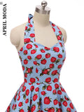 Floral Printed Strawberry Dress Women Halter Backless V Neck Retro Vintage 50s 60s Pinup Swing Rockabilly Dresses For