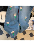 Jeans Women Fashion Vintage Basic Blue Ankle-length Denim Pants Sweet Flower Print Jeans Female Korean Summer 2022