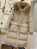 Winter Women's Long Puffer Jacket 2023 Big Real Raccoon Fur Hooded Duck Down Coat Female Rain Feather