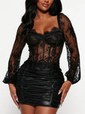 Sexy Lace Lace Fish Bone Lantern Sleeve Top Dress Female Waist Shaping Fashion Light Perspective To Enhance The
