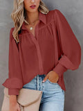 Autumn White Shirt Women Button Up Lantern Sleeve Shirt Ladies Blouse Ruched Loose Shirt For