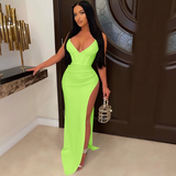 V-neck Spaghetti Strap High Split Floor-length Wedding Party Dresses Women Summer Tunics Plus Size Long Maxi Prom