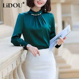 Autumn Office Lady Ruffles Stand Collar Satin Shirt Top Women Elegant Beading Blusa Oversized All-match Pullover