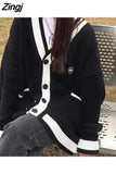 and Winter College Style Letter Embroidery V-neck Cardigan Sweater Women Korean Version Loose All-match Knitted