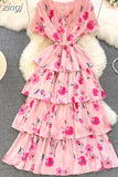 Women Floral Ruffle Pleated Long Dress Vintage V-Neck Short Sleeve High Waist Tierred Maxi Robe Vacation Beach