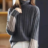 Winter High Collar Loose Casual Patchwork Sweater Top Women Thick Warm All-match Knitting Jumper Ladies Vintage