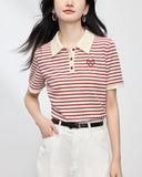 Striped Embroidery POLO Shirt 2025 Summer New Bing Color Reduction Women's Short-Sleeved