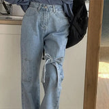 Streetwear Bow Jeans Women Sweet Harajuku Bandage Wide Leg Denim Pants Korean Cute High Waist Casual Straight Trousers