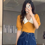 Vintage Knitted Pullover T Shirt Women Sweet Patchwork Puff Short Sleeve Tops Office Elegant Peter Pan Collar Slim