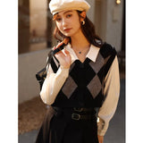 Women's Stitching Fake Two Piece 2022 Autumn Winter French Retro Polo Collar Rhombic Plaid Knitted Sweater Top