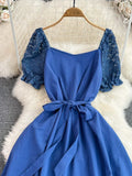 Vintage Women Lace Patchwork Midi Dress Elegant Square Collar Short Puff Sleeve Big Swing Casual Vestidos Female 2023