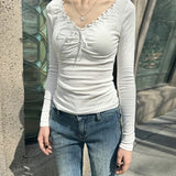 Solid Color Ruffled V-Neck Bow Long Sleeve TeeOutfit