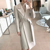 Elegant Turn-down Collar Woolen Coat Autumn Winter Thicken Warm Full Sleeve Belted Female Long Blend