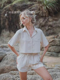 Women's Shirt Flip-Necked Shirt Shorts Casual Cotton