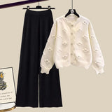 Winter Knit Sets Womens Outfits Korean Sweet Floral Knitted Cardigan And Wide Leg Pants Sets Ladies Elegant Knitting