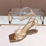 new all-match square head silver rhinestone one-word buckle high-heeled sandals sweet wind stiletto sexy designer