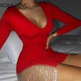 Women Chic Deep V neck Rhinestone Patchwork Hollow out Mini Bodycon Summer Sexy Party Red